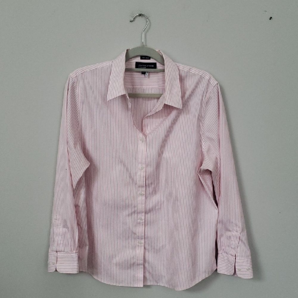 Jones New York Shirt Women's XL Pink Striped No Iron Button Down Tailored Blouse